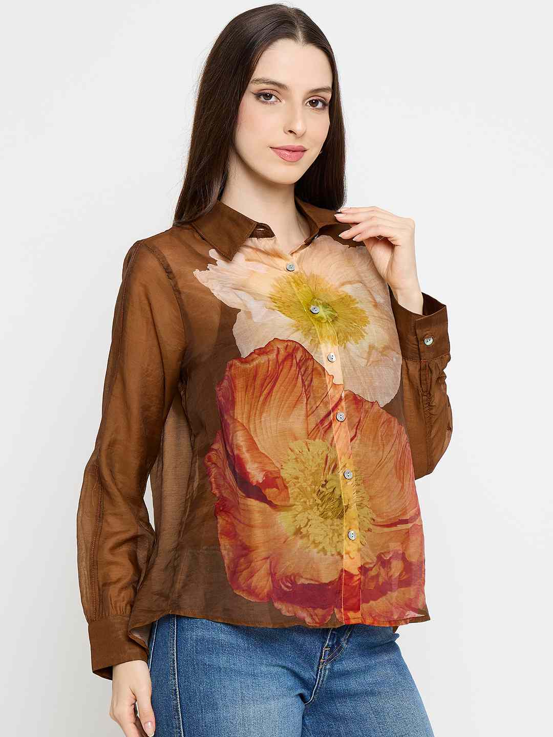 Madame Floral Print Tencel Blend Brown Shirt - Image 4