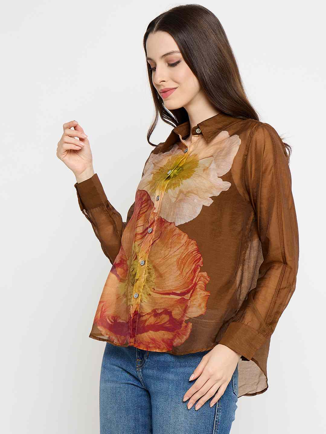 Madame Floral Print Tencel Blend Brown Shirt - Image 5