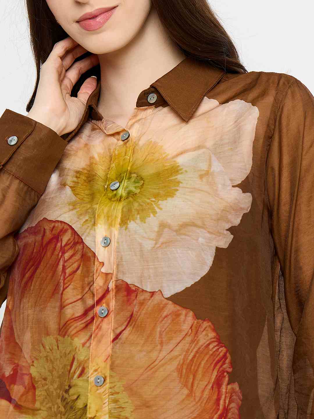 Madame Floral Print Tencel Blend Brown Shirt - Image 7