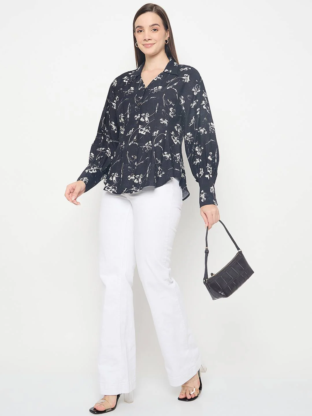Madame Floral Print Pintuck Detailed Black Shirt - Image 2