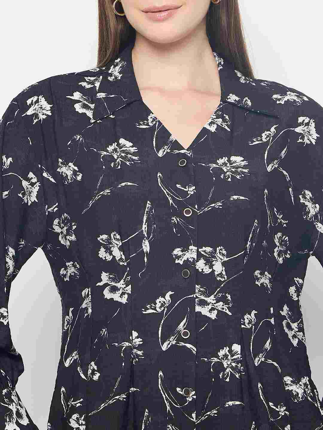 Madame Floral Print Pintuck Detailed Black Shirt - Image 7