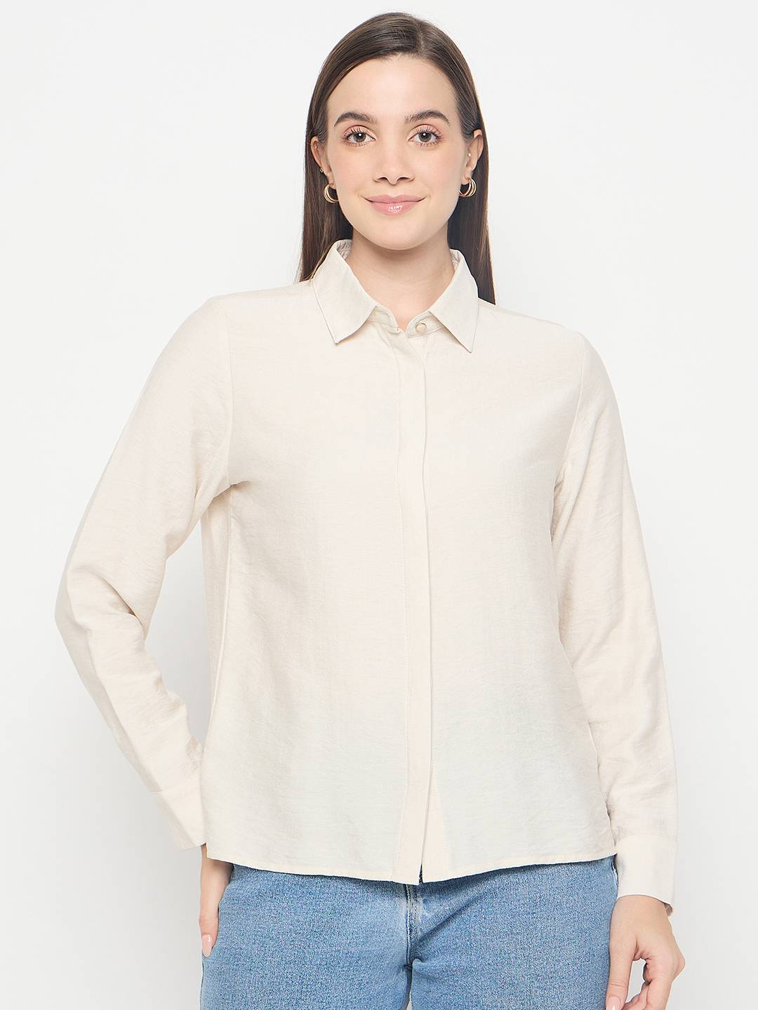 Madame Rayon Blend Solid Beige Shirt - Image 3