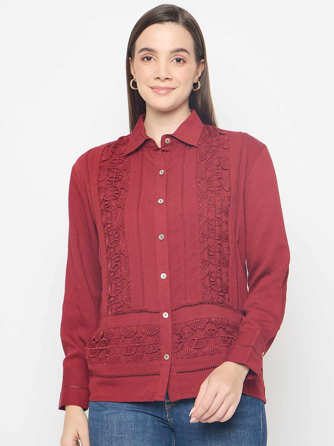 Madame Lace Detailed Rayon Blend Rosewood Shirt - Image 3