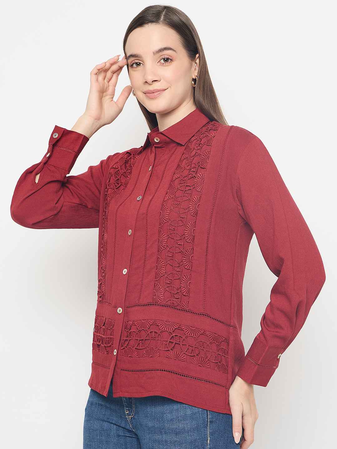 Madame Lace Detailed Rayon Blend Rosewood Shirt - Image 5