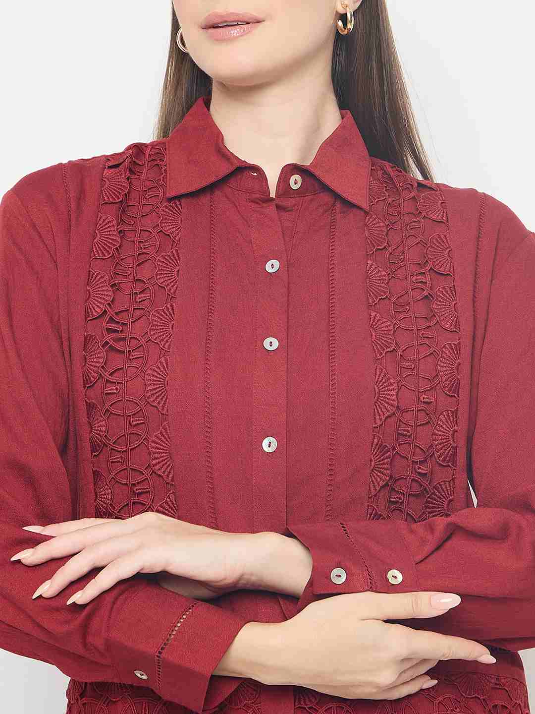 Madame Lace Detailed Rayon Blend Rosewood Shirt - Image 7