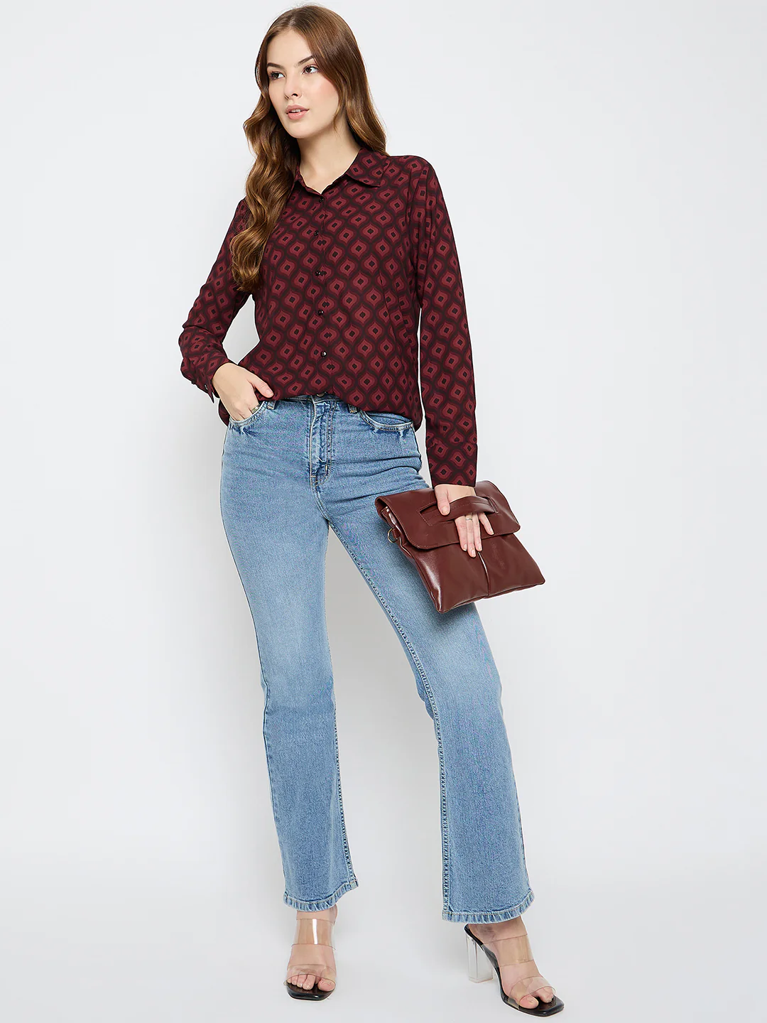 Madame Geometric Print Wine Red Shirt - Image 2