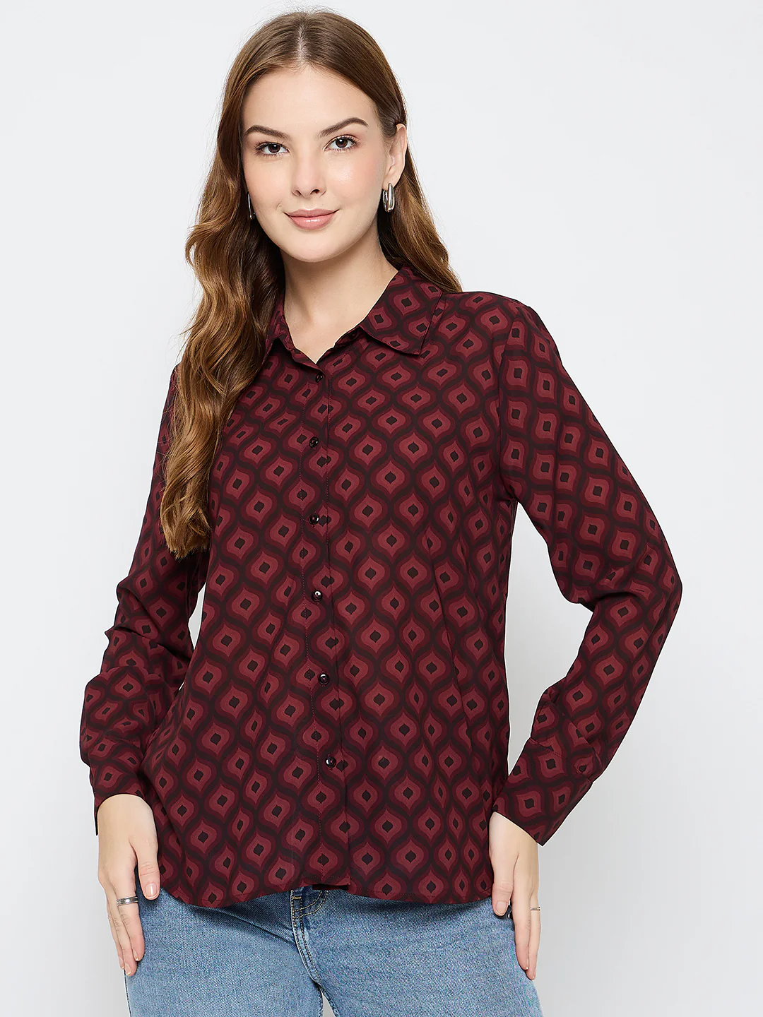 Madame Geometric Print Wine Red Shirt - Image 3