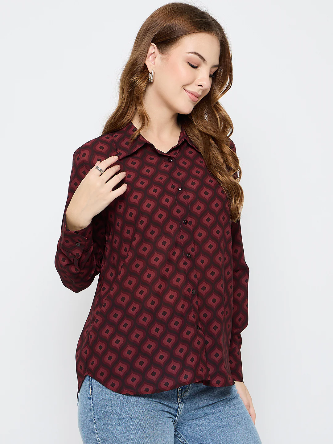 Madame Geometric Print Wine Red Shirt - Image 4