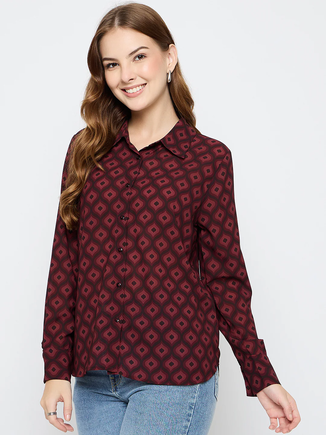 Madame Geometric Print Wine Red Shirt - Image 5
