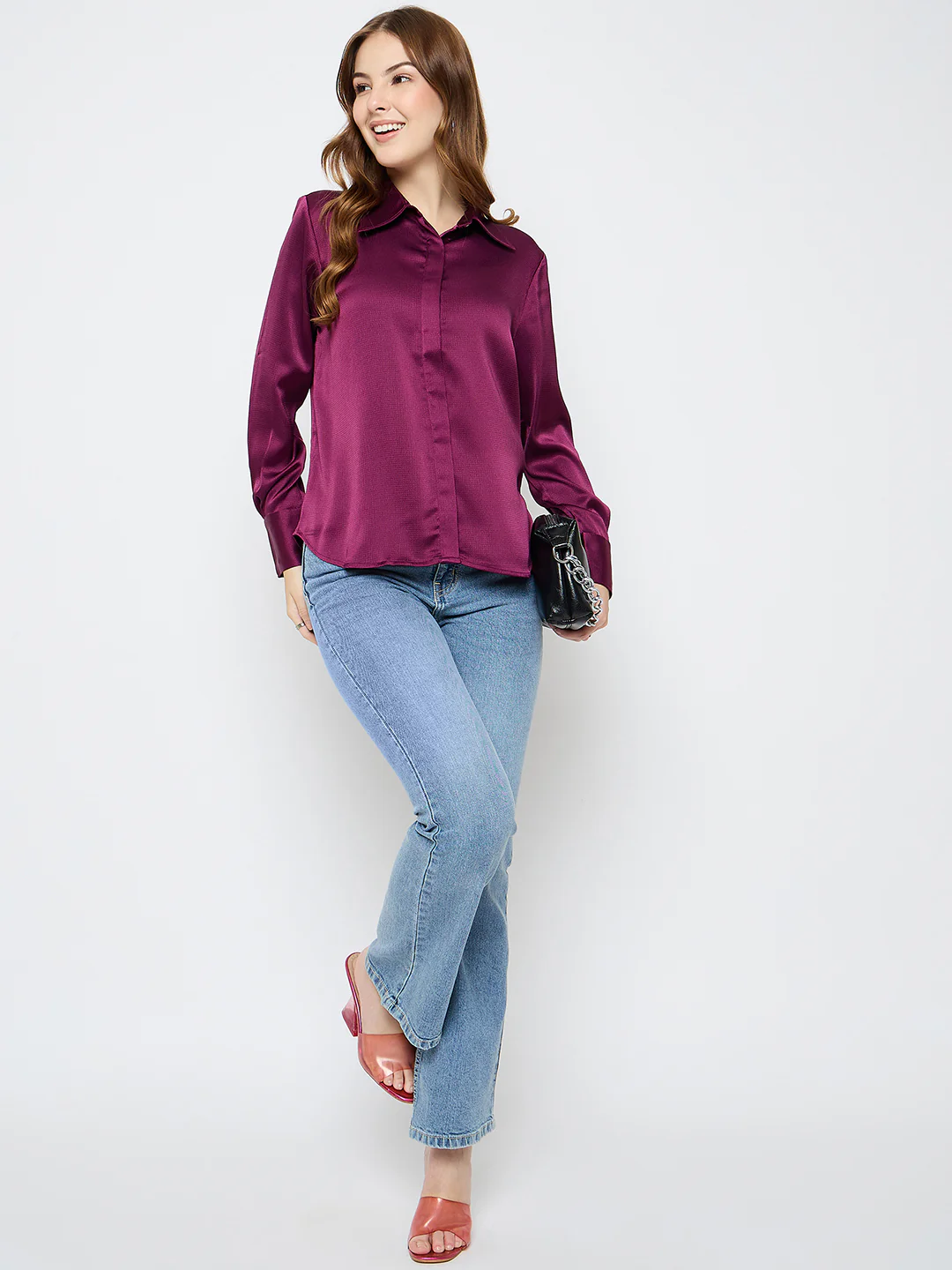 Madame Solid Plum Satin Shirt - Image 2