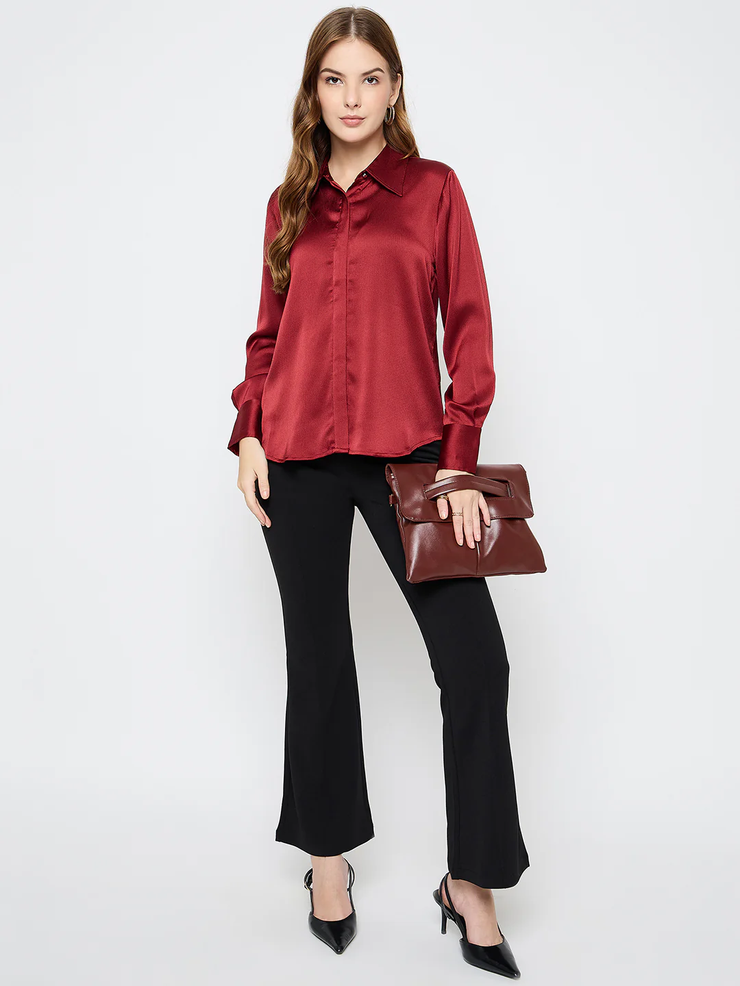 Madame Solid Red Satin Shirt - Image 2