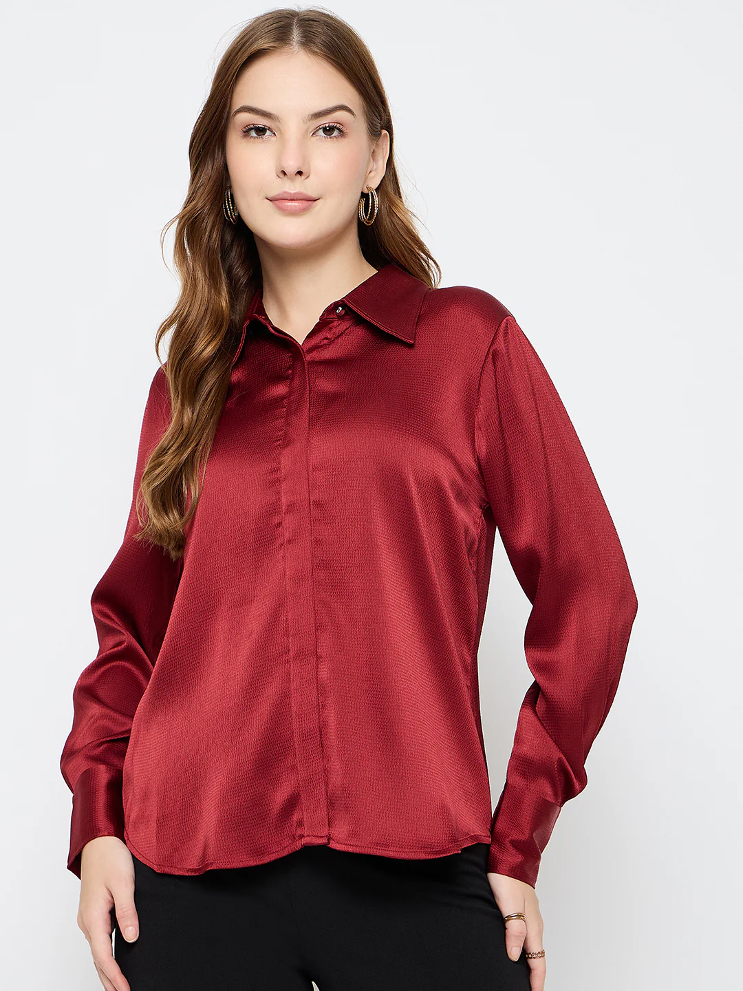 Madame Solid Red Satin Shirt - Image 3