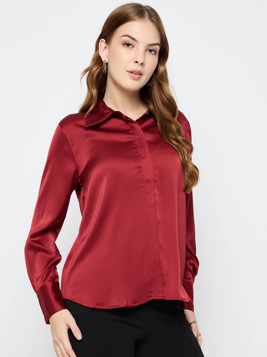 Madame Solid Red Satin Shirt - Image 4