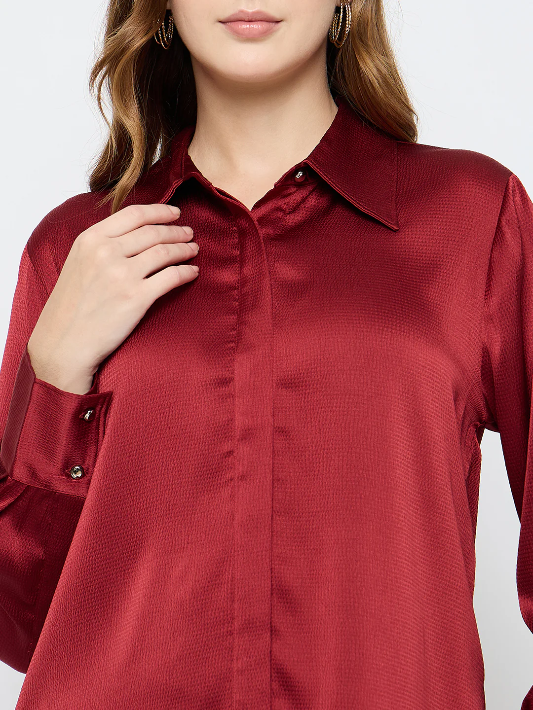 Madame Solid Red Satin Shirt - Image 7