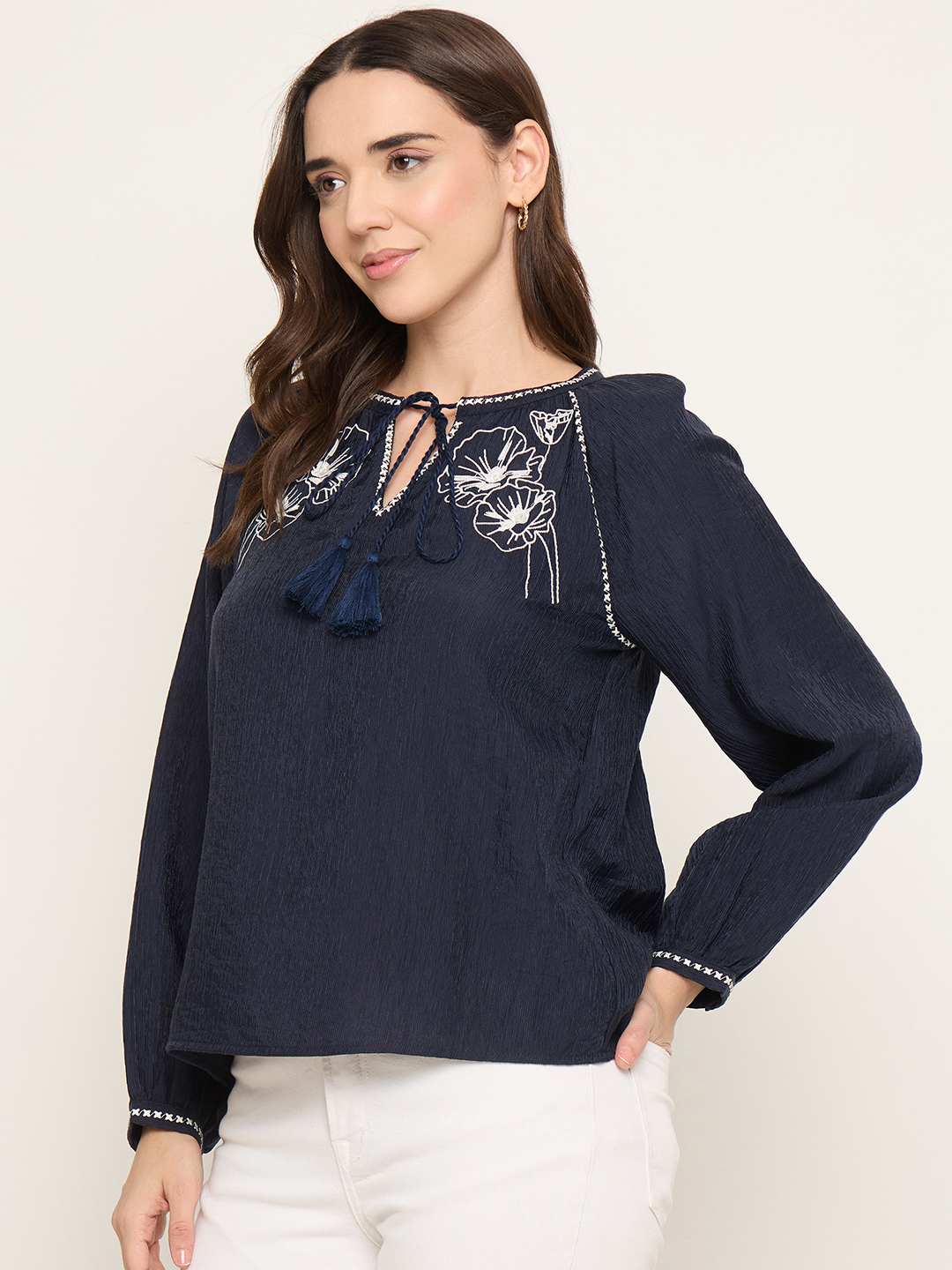 Madame Embroidered Tencel Blend Blue Top - Image 5