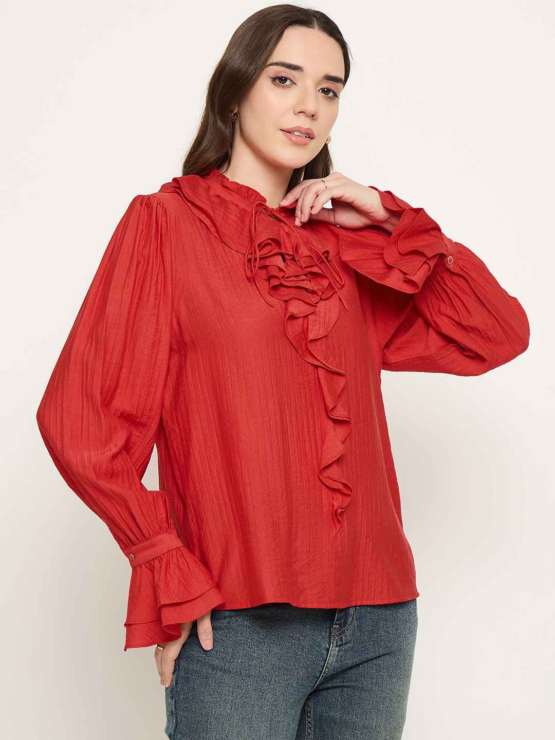 Madame Double Breasted Red Tencel Blend Top - Image 4