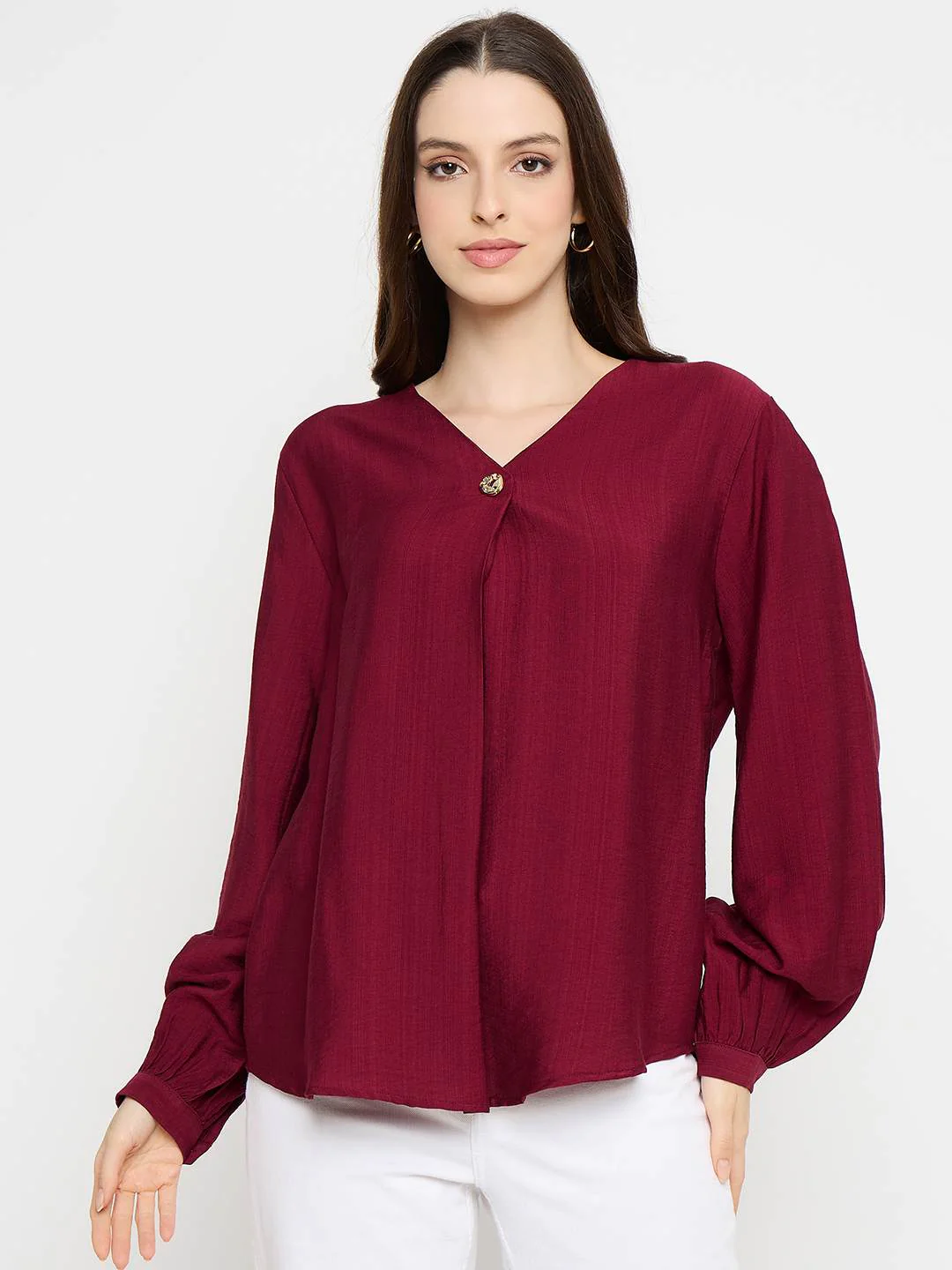 Madame Gold Button Detail Maroon Top - Image 3