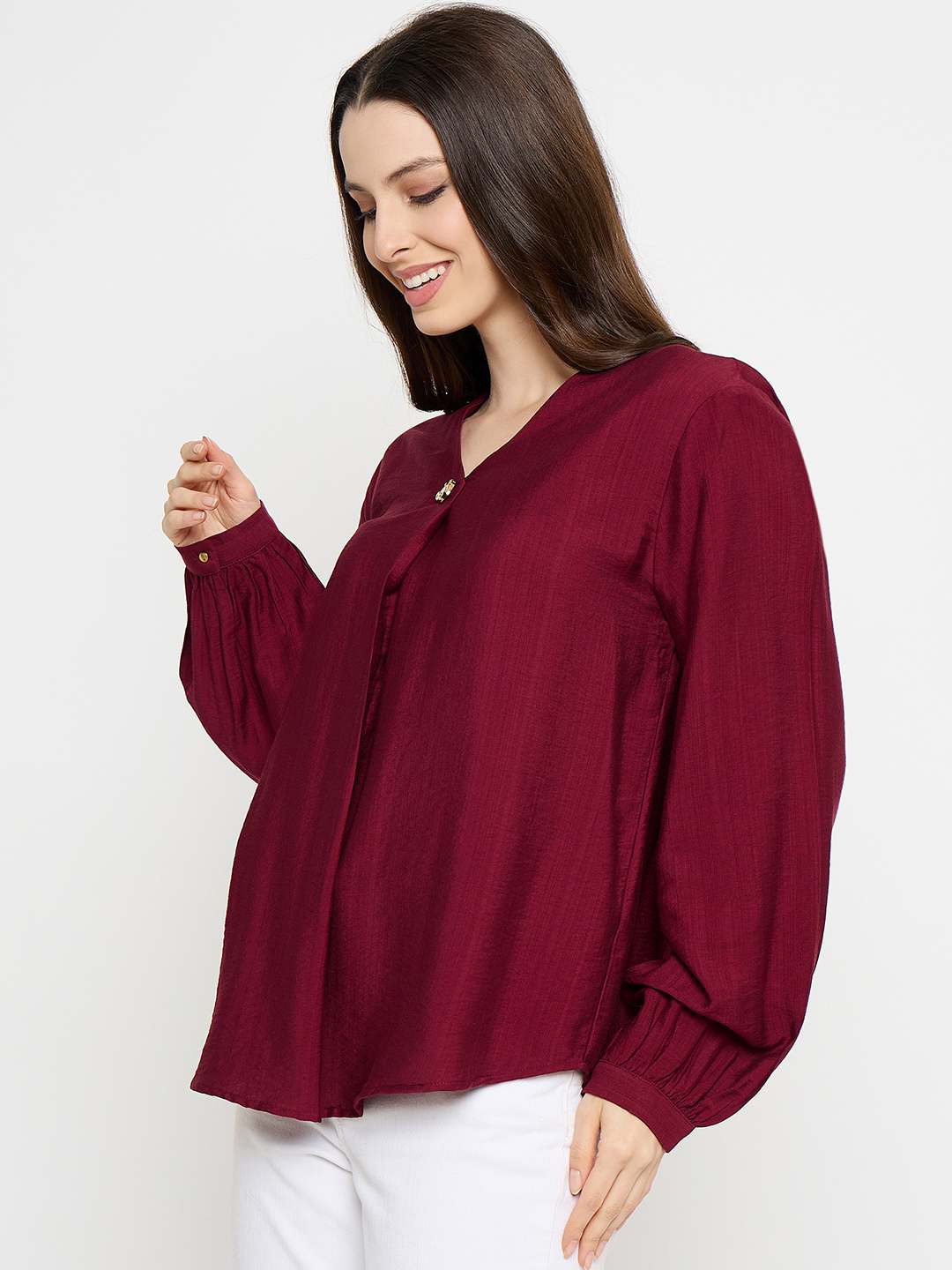 Madame Gold Button Detail Maroon Top - Image 5
