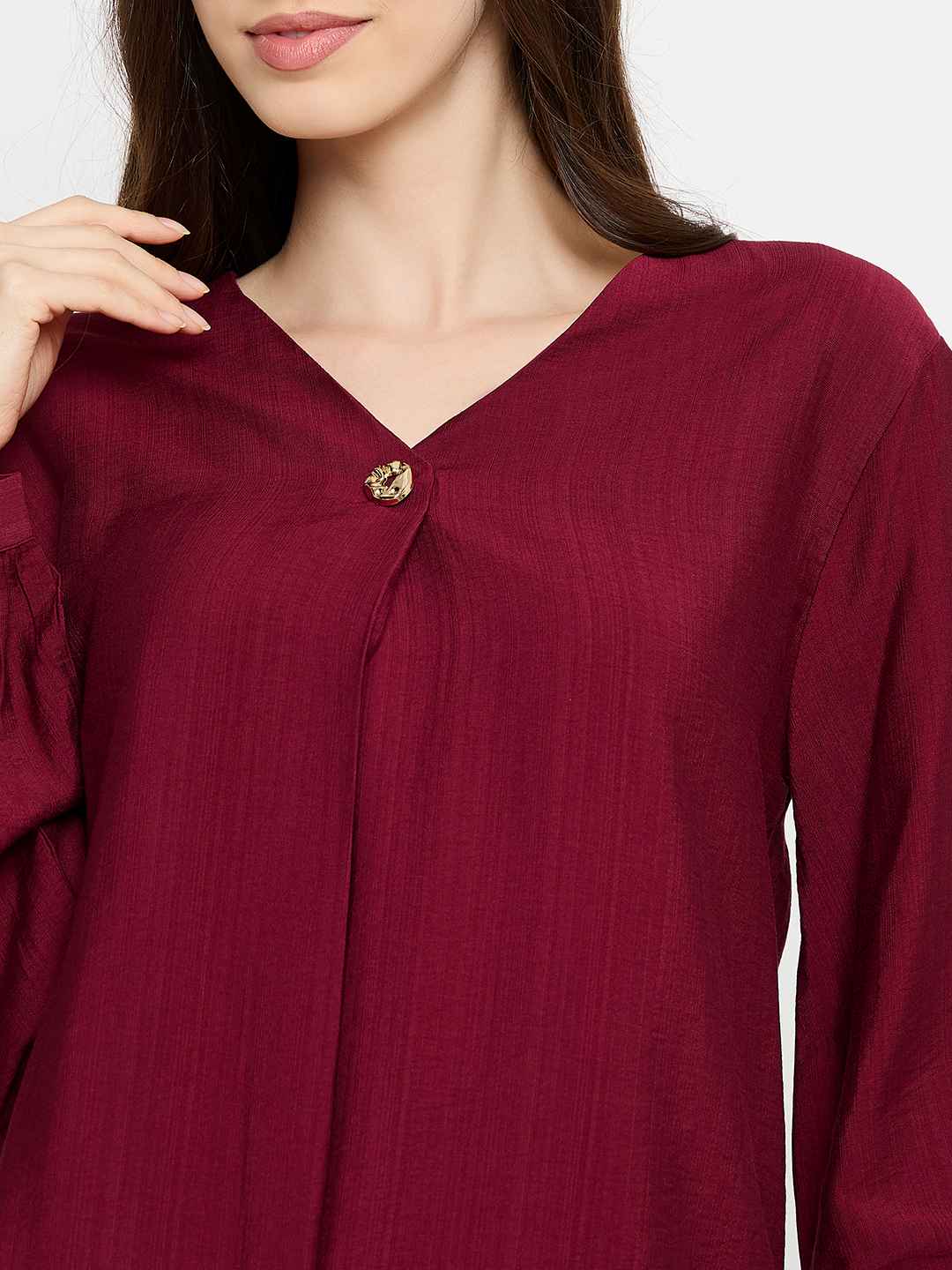 Madame Gold Button Detail Maroon Top - Image 7