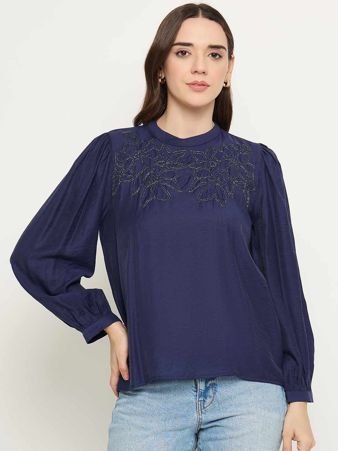 Madame Blue Rayon Blend Puff Sleeve Top - Image 3