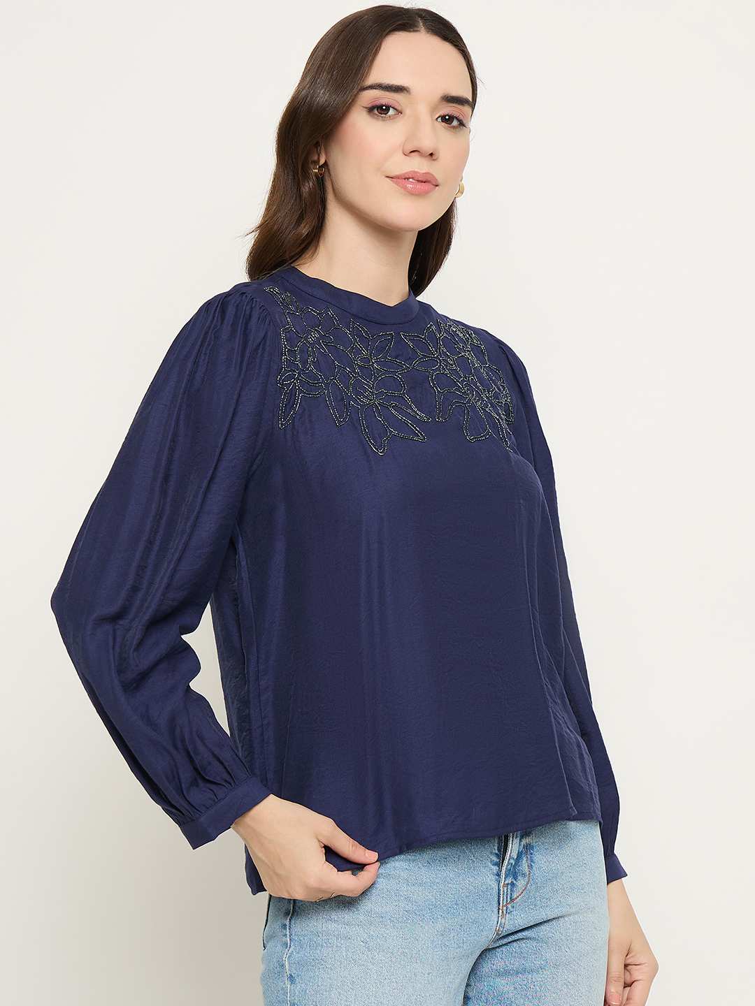 Madame Blue Rayon Blend Puff Sleeve Top - Image 4