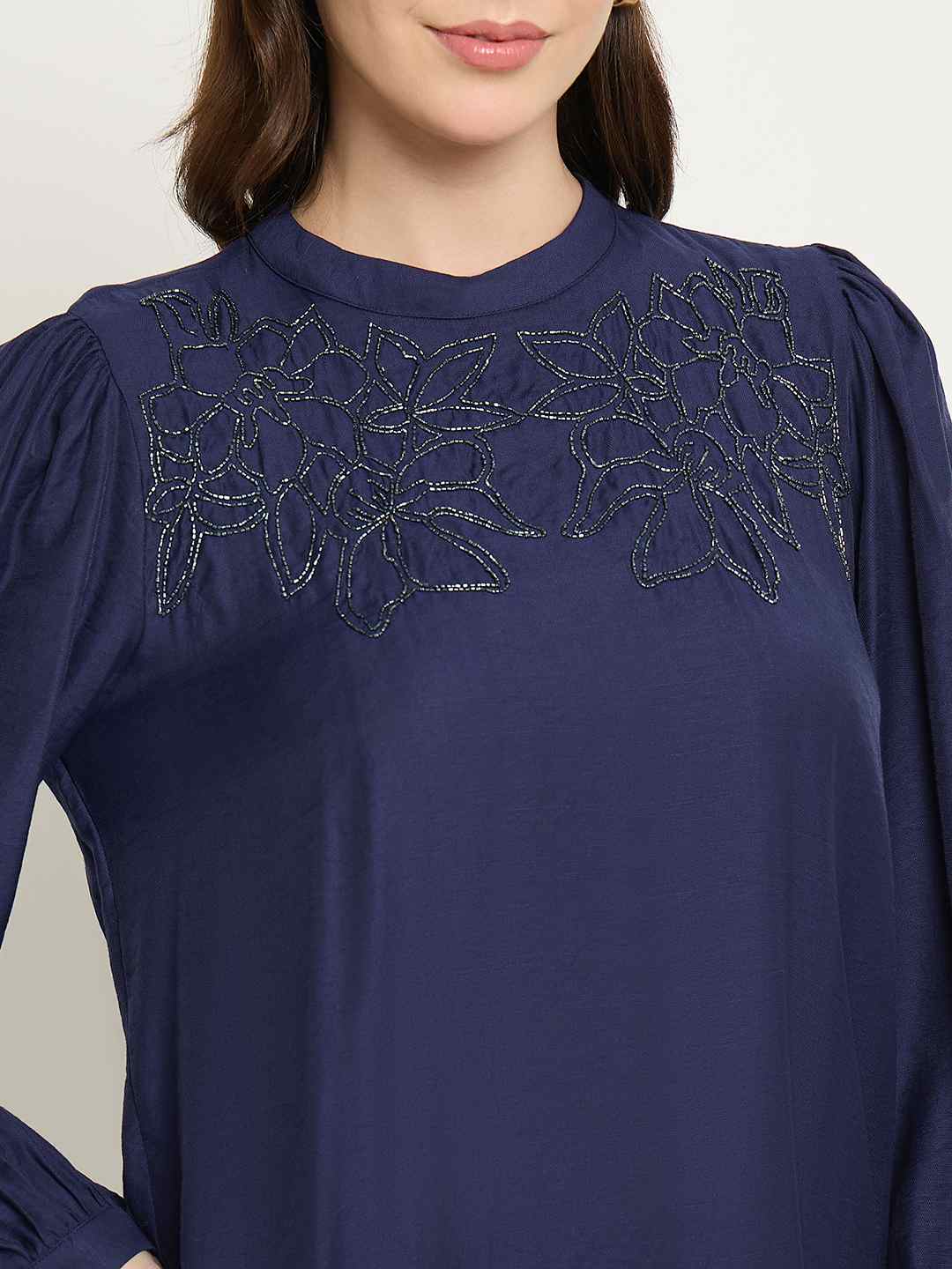 Madame Blue Rayon Blend Puff Sleeve Top - Image 7