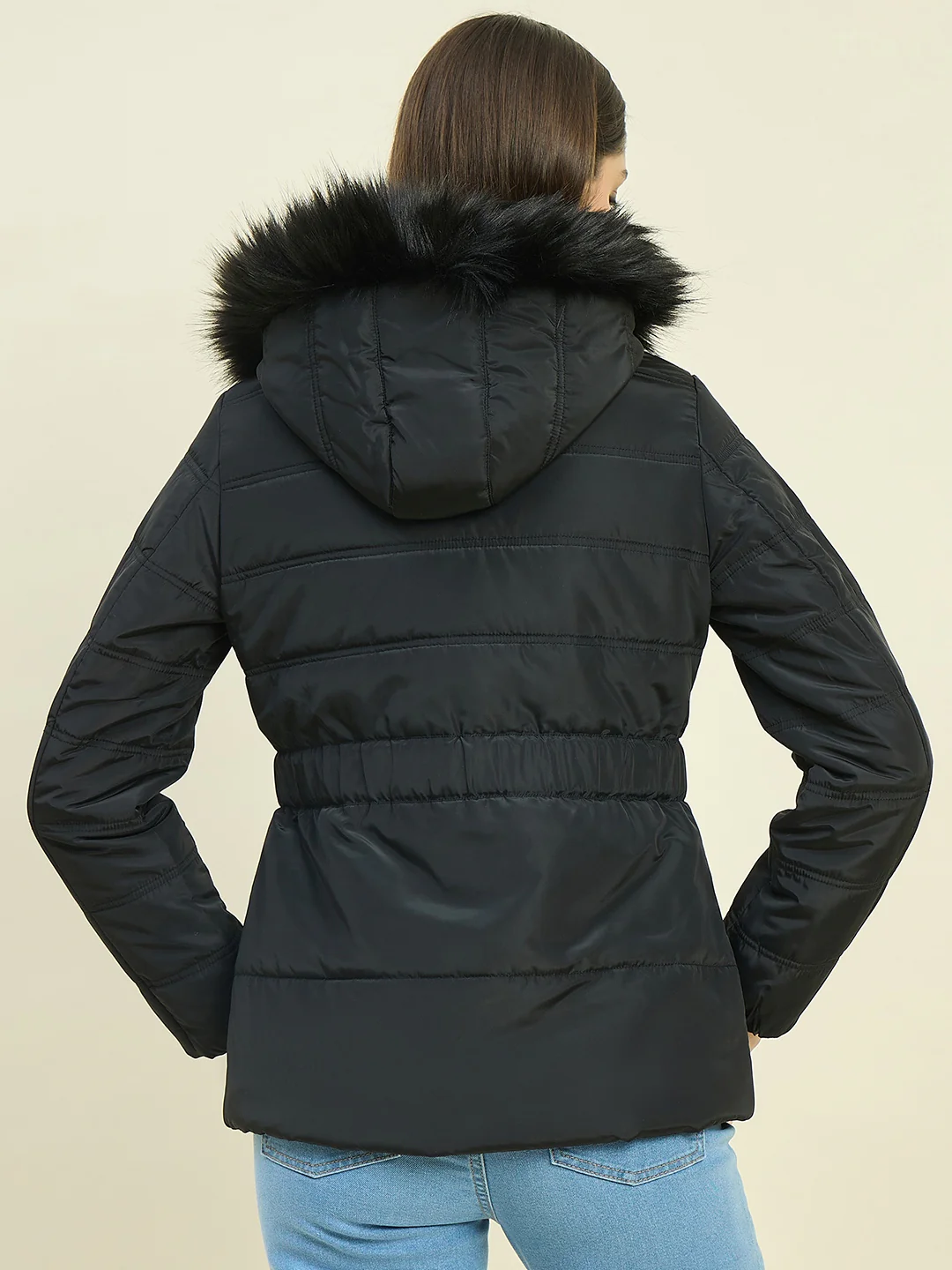 Madame Black Quilted Jacket with Faux Fur Hood - Image 6