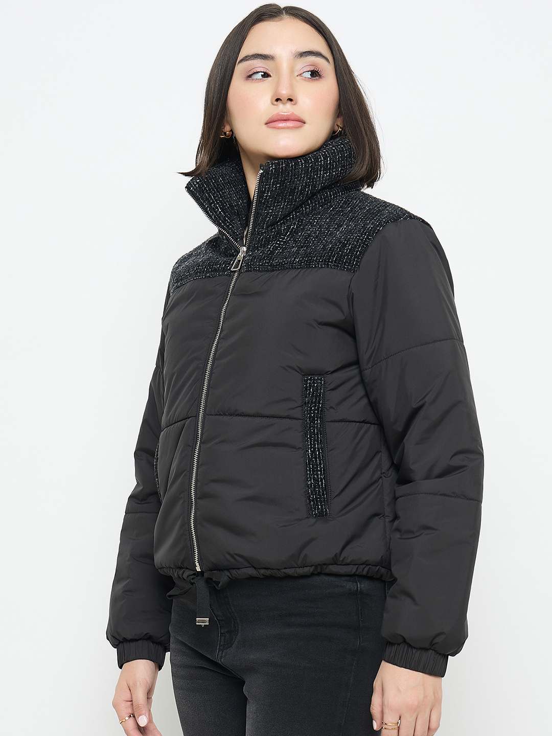 Madame Black Quilted Crop Jacket - Image 5