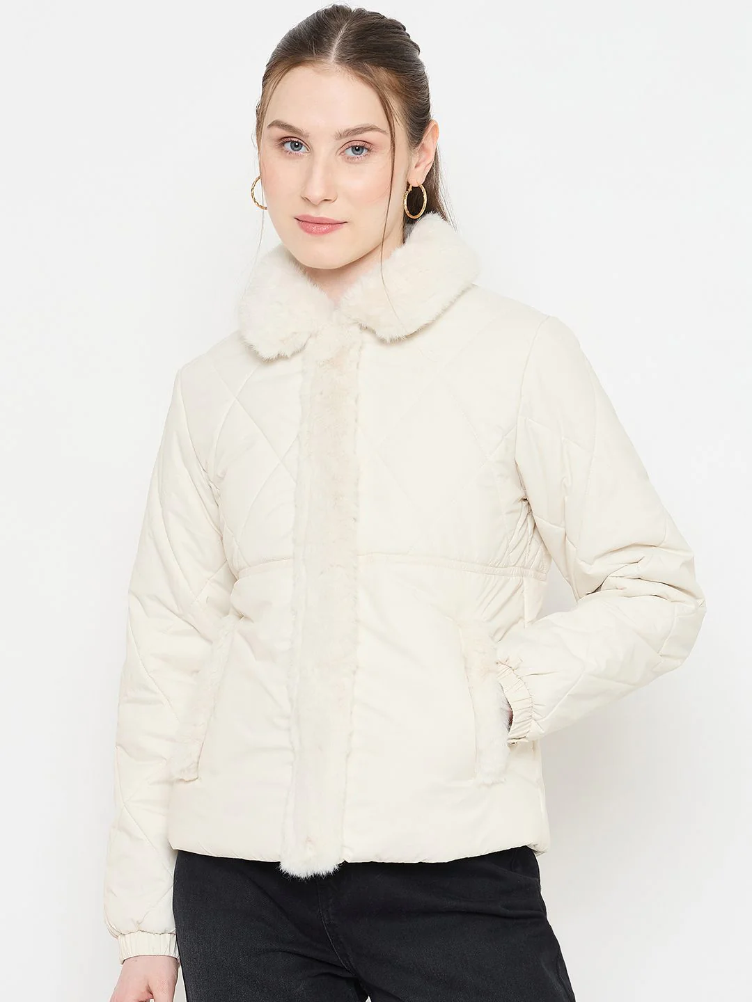 Madame Faux Fur Collar Off White Quilted Jacket - Image 3