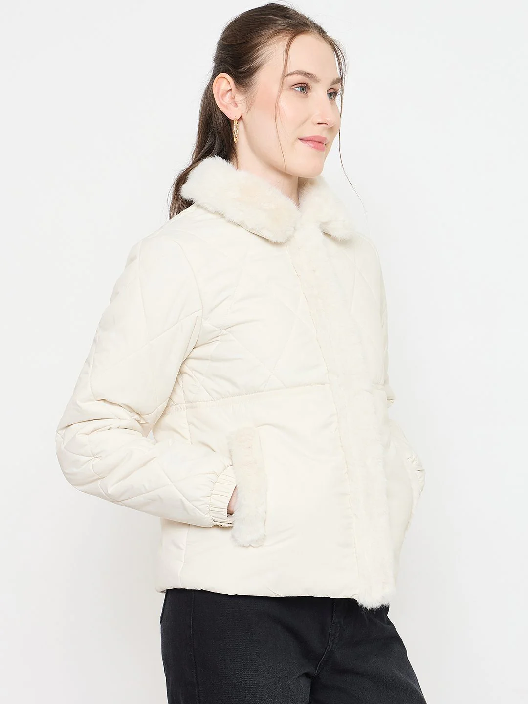 Madame Faux Fur Collar Off White Quilted Jacket - Image 4
