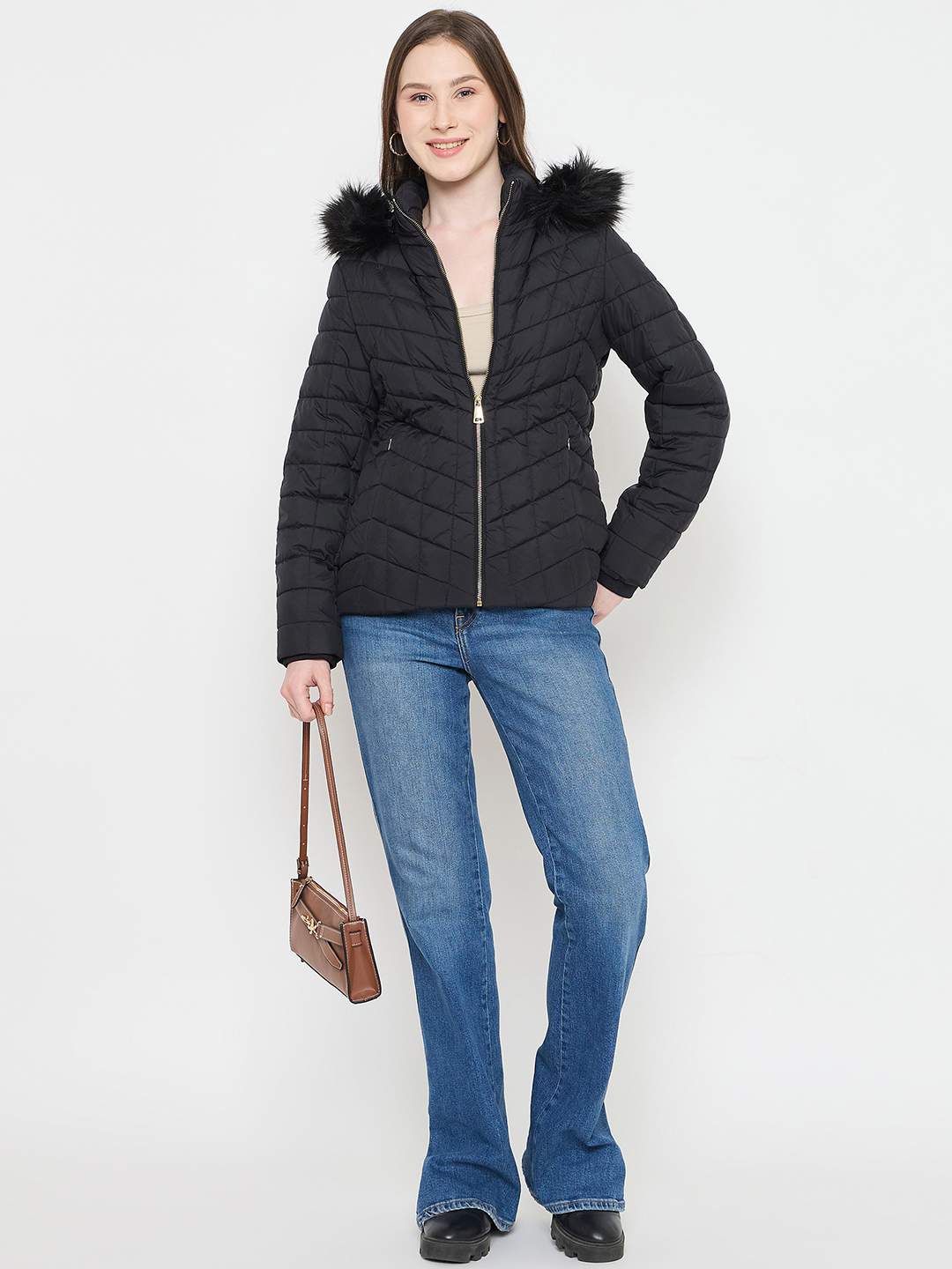 Madame Black Quilted Fur Hood Jacket - Image 2