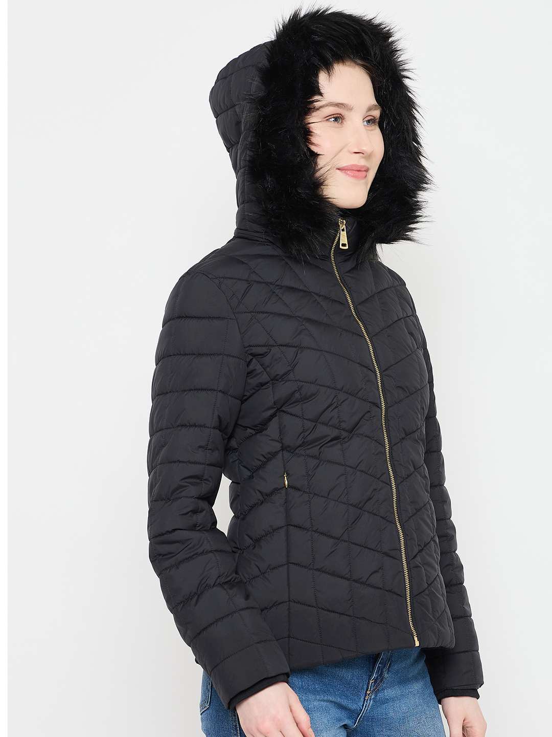Madame Black Quilted Fur Hood Jacket - Image 4