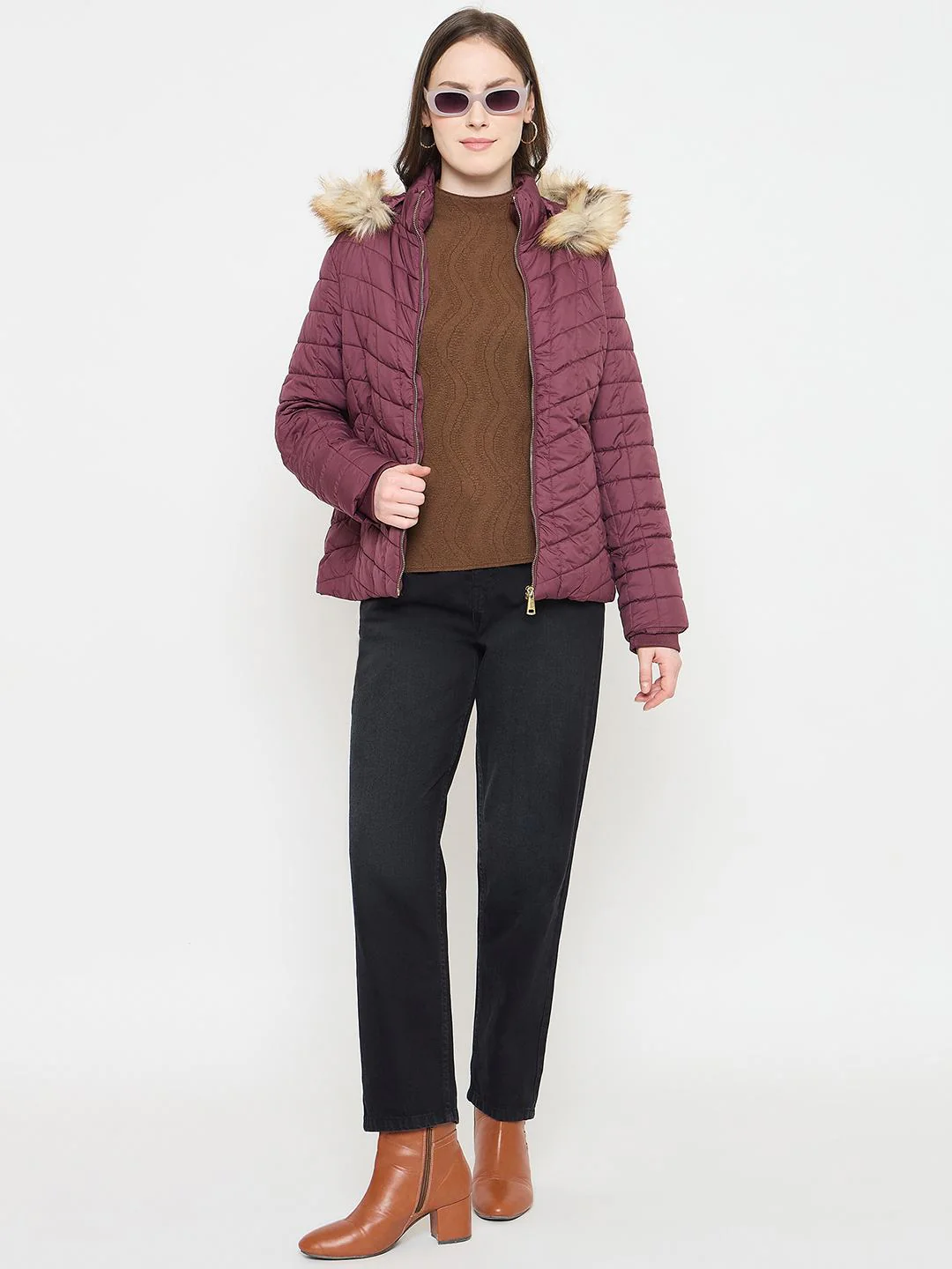 Madame Wine Colour Quilted Jacket with Faux Fur Hood - Image 2