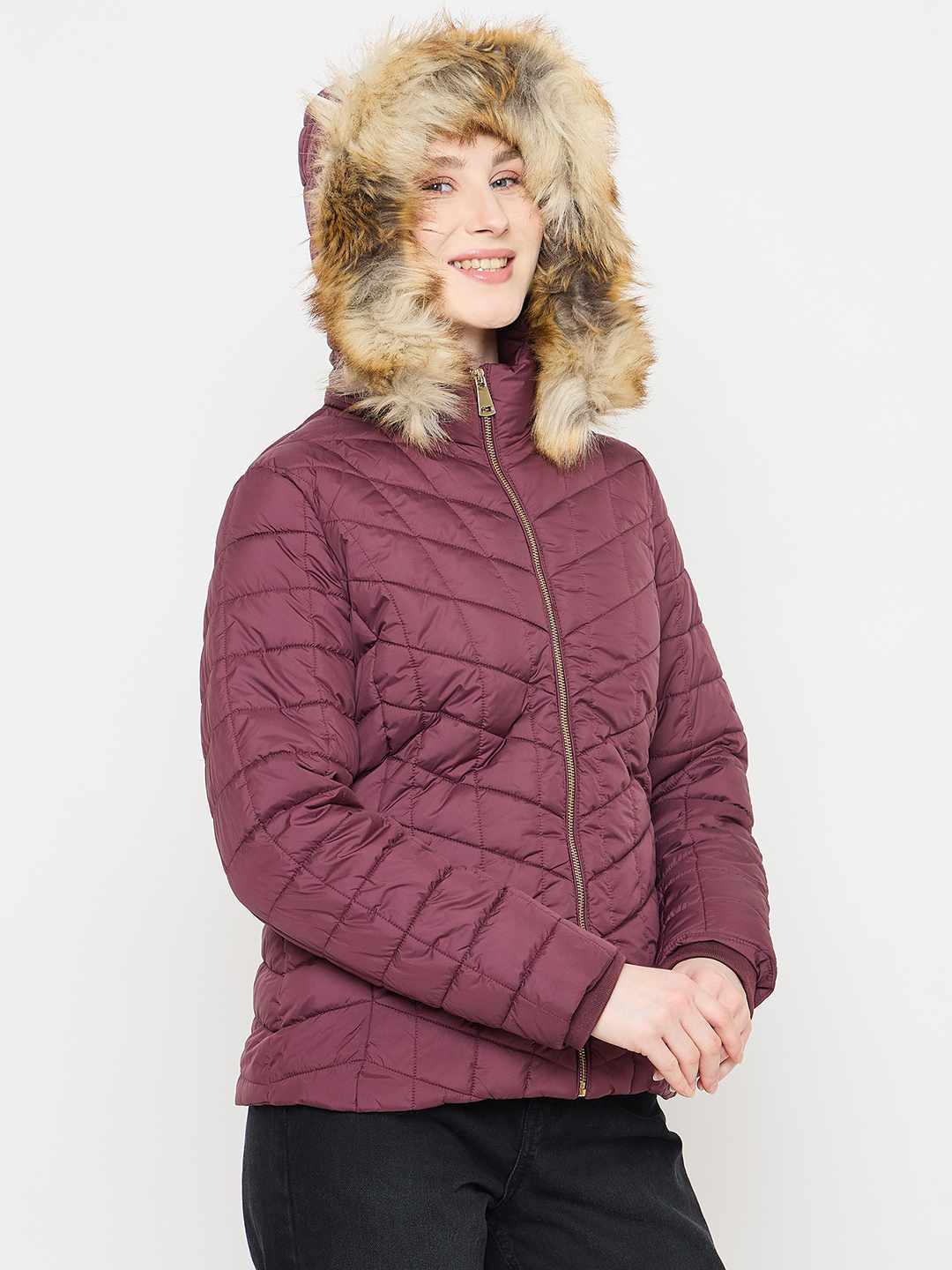 Madame Wine Colour Quilted Jacket with Faux Fur Hood - Image 4