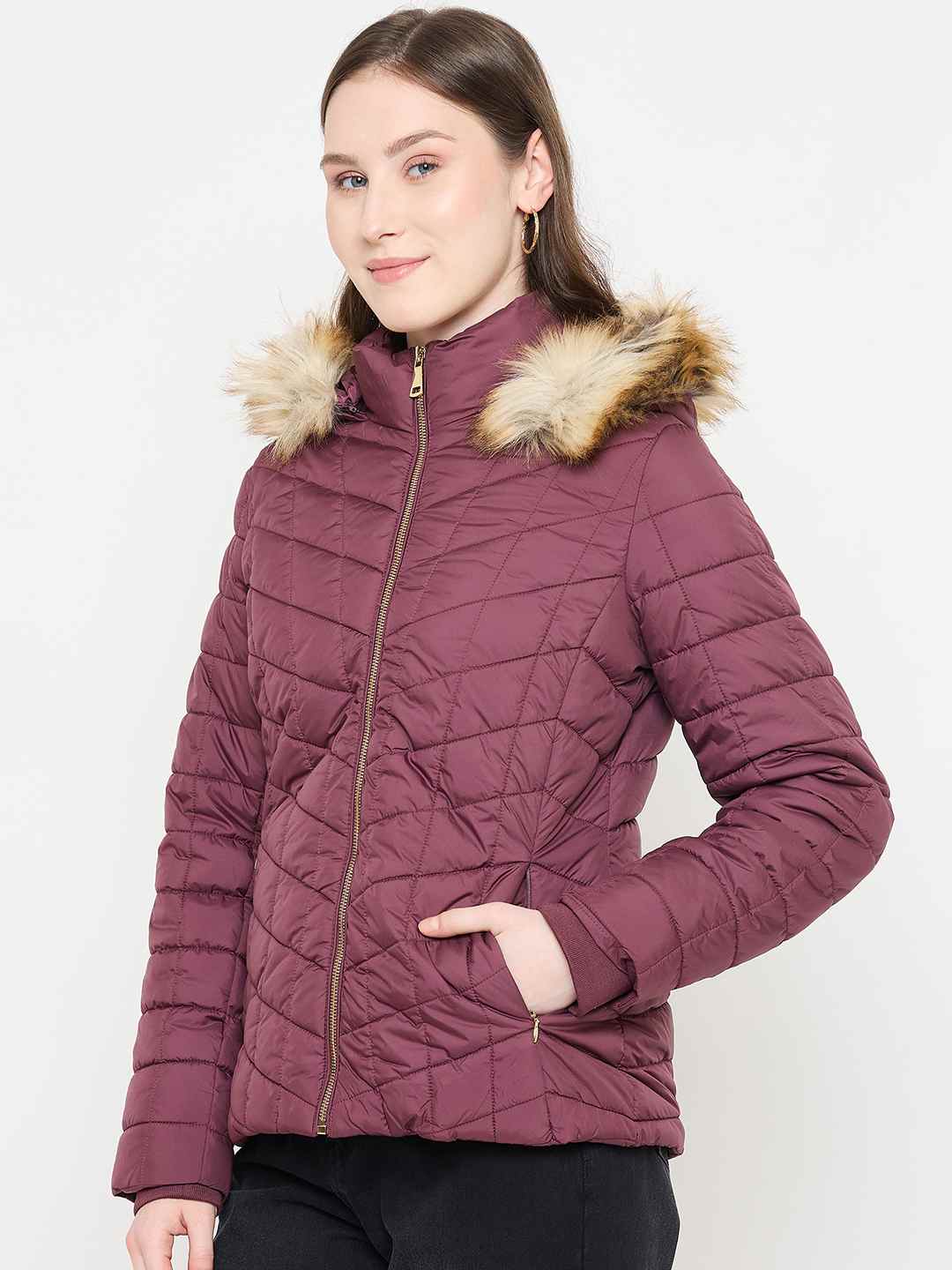 Madame Wine Colour Quilted Jacket with Faux Fur Hood - Image 5