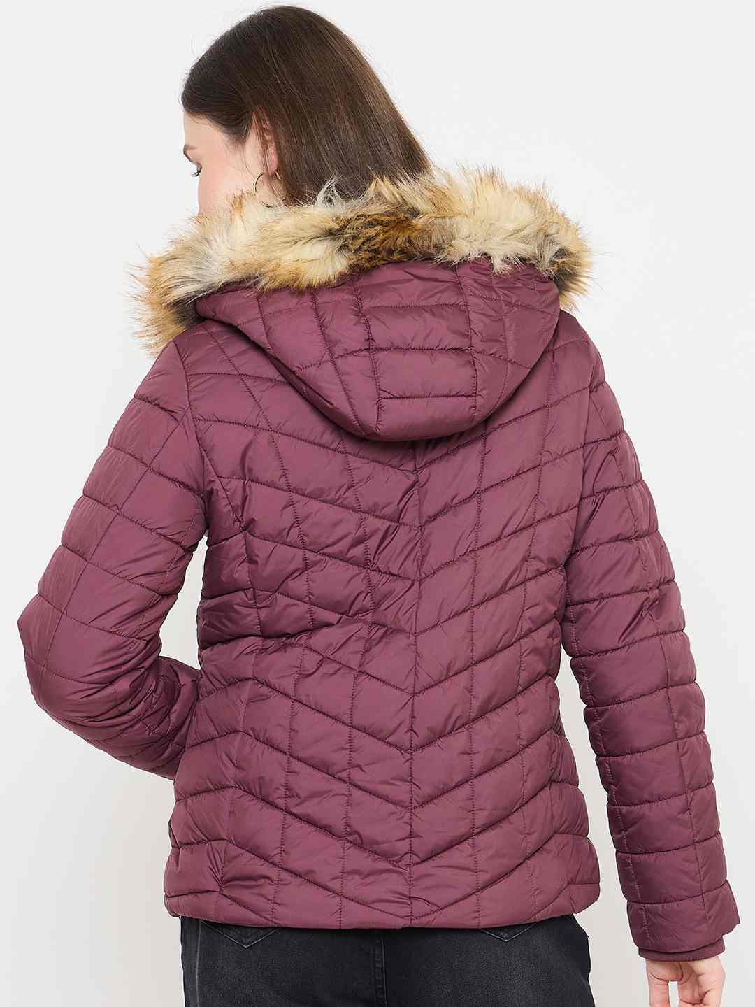 Madame Wine Colour Quilted Jacket with Faux Fur Hood - Image 6