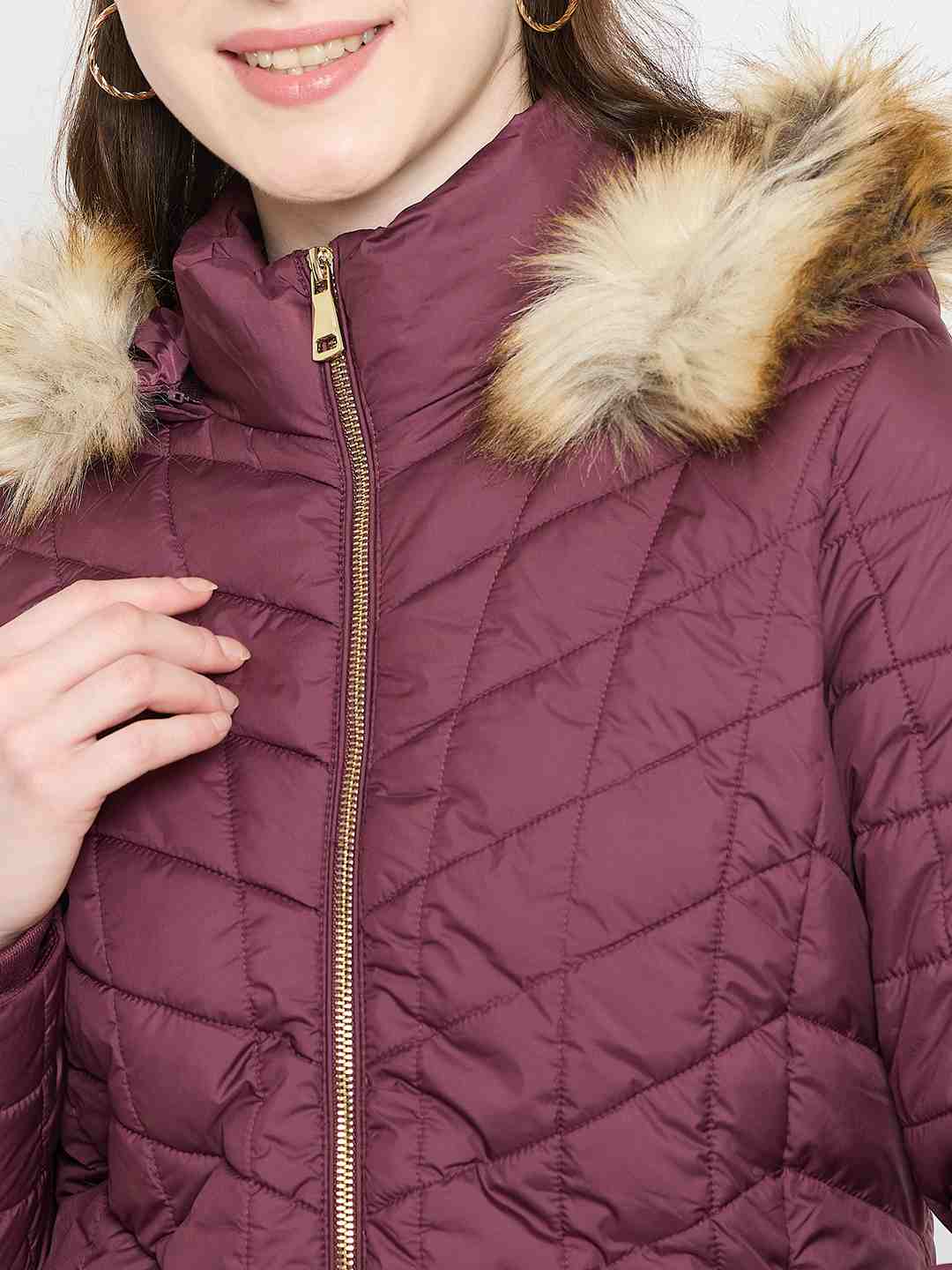 Madame Wine Colour Quilted Jacket with Faux Fur Hood - Image 7