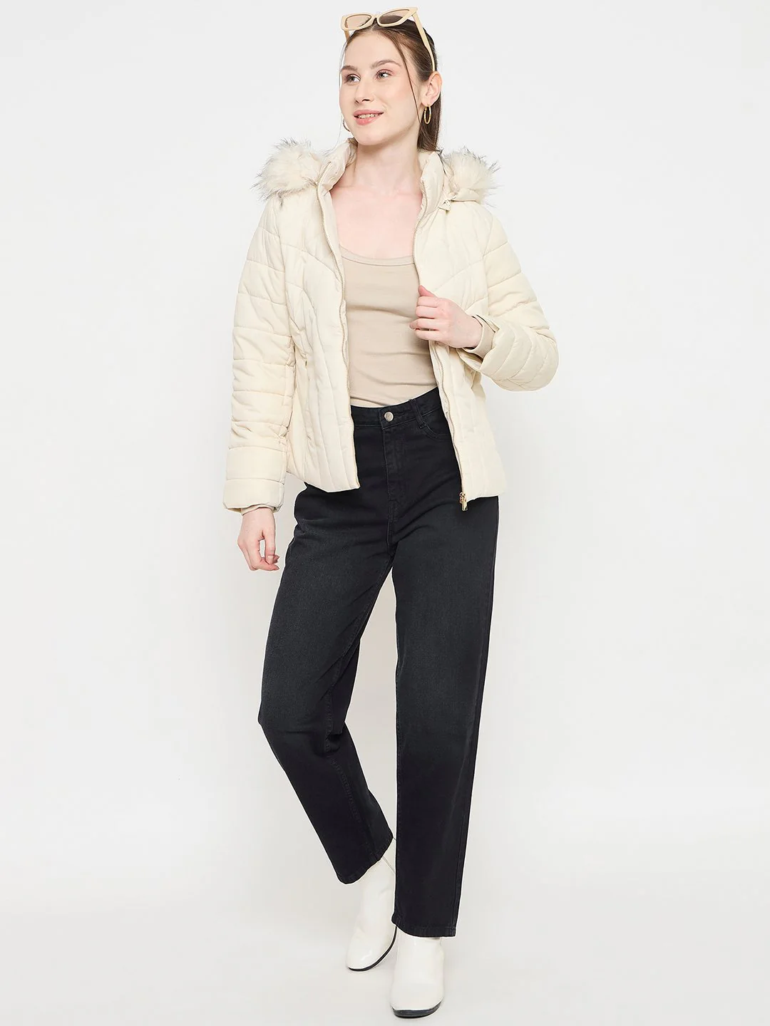 Madame Quilted Beige Jacket with Hood - Image 2