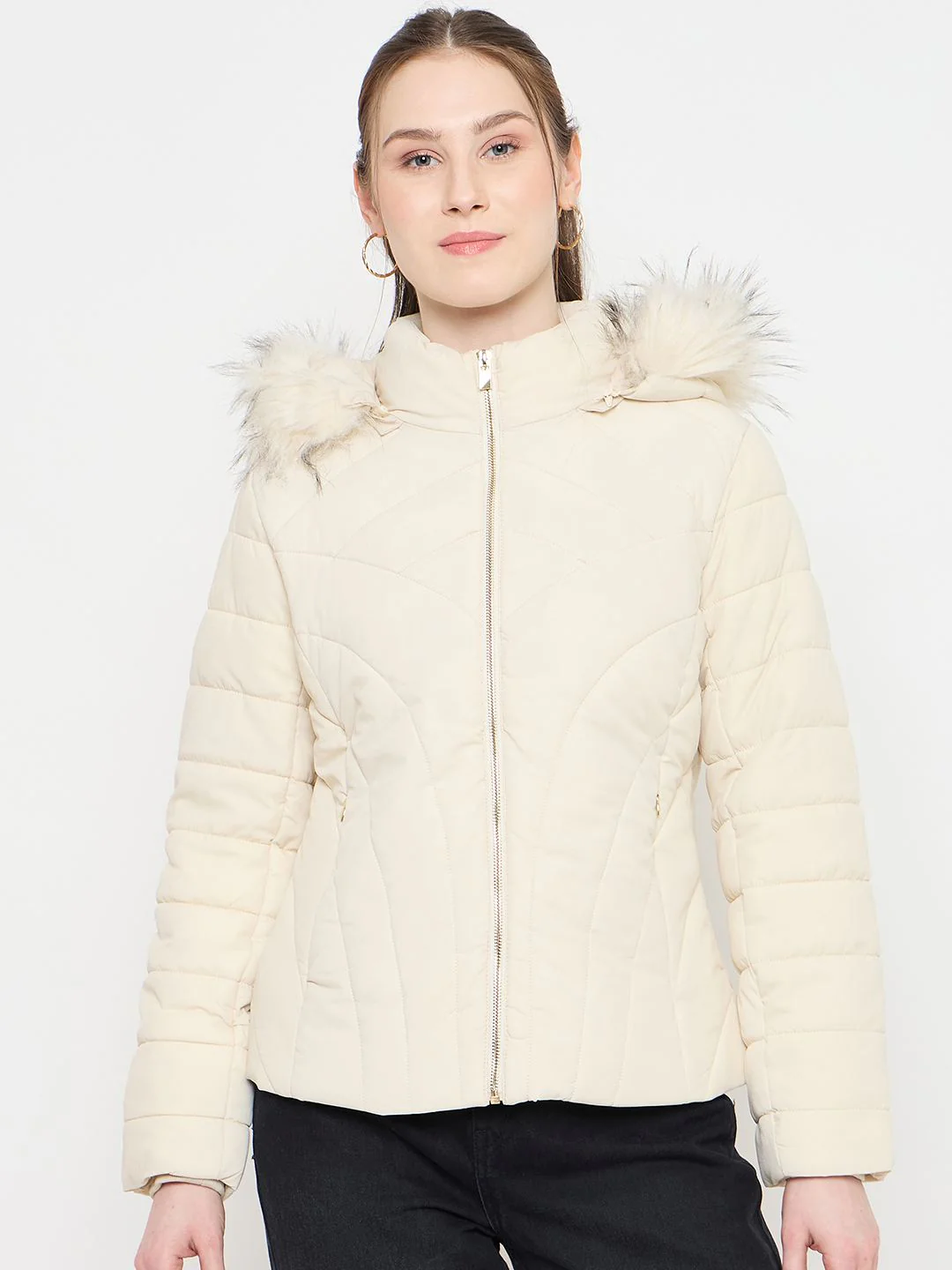 Madame Quilted Beige Jacket with Hood - Image 3