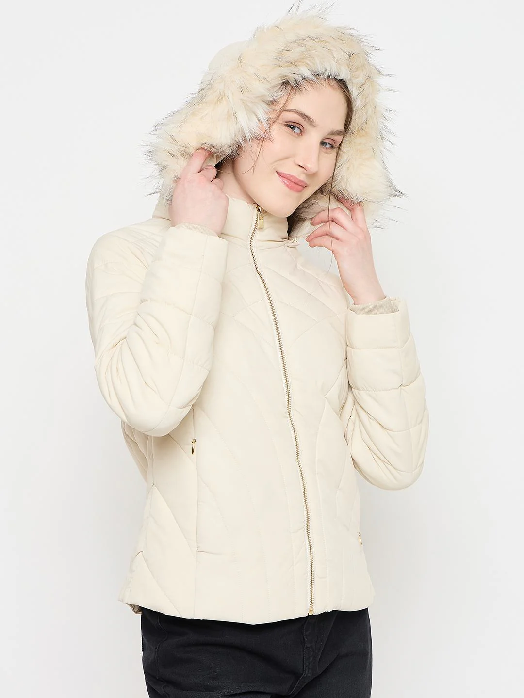 Madame Quilted Beige Jacket with Hood - Image 4
