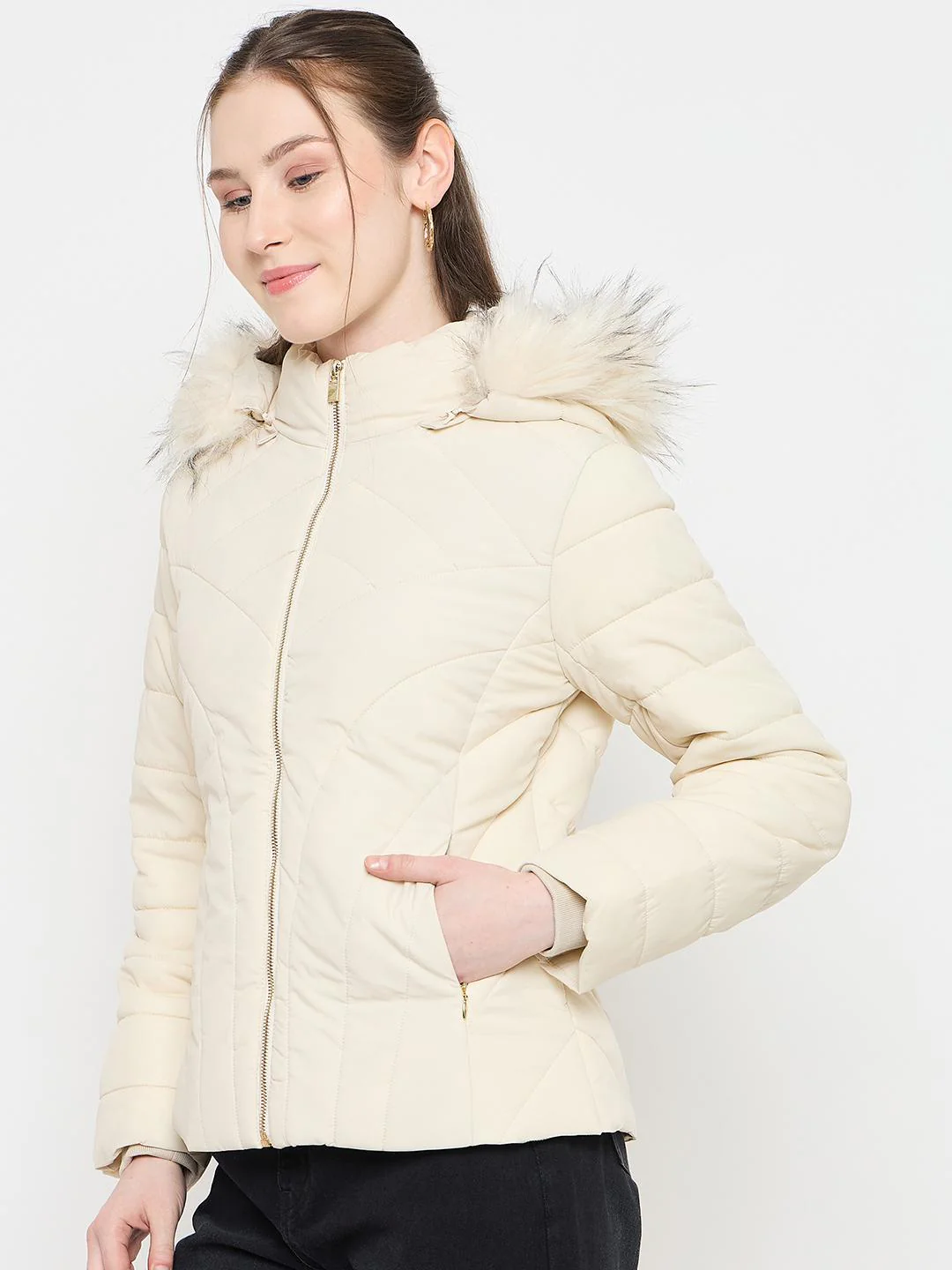 Madame Quilted Beige Jacket with Hood - Image 5