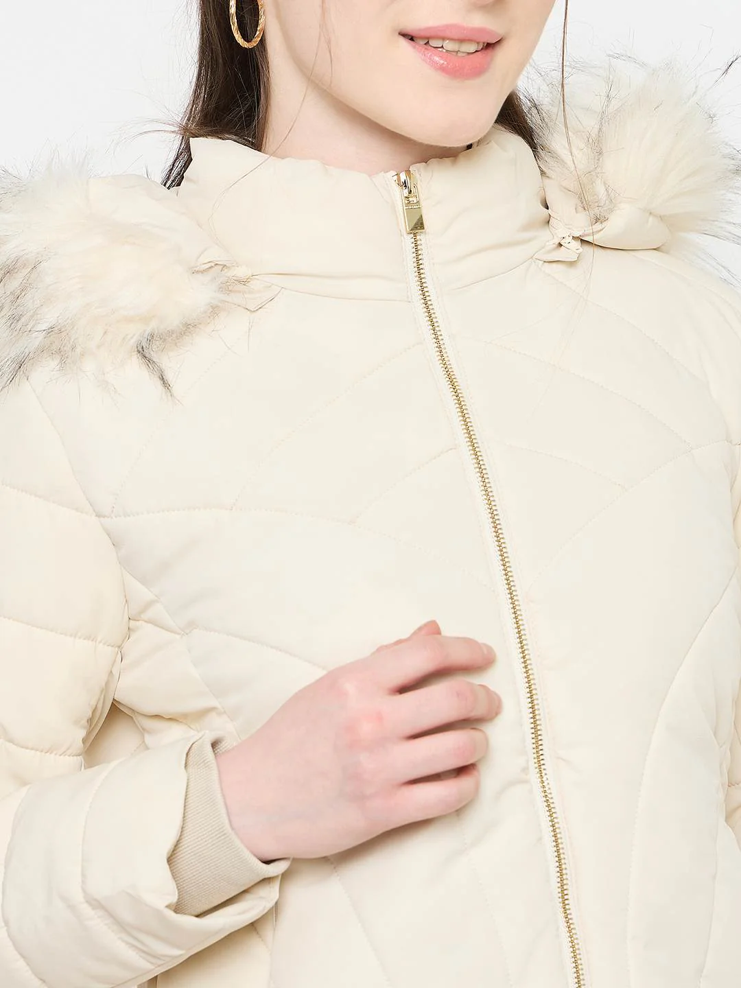 Madame Quilted Beige Jacket with Hood - Image 7