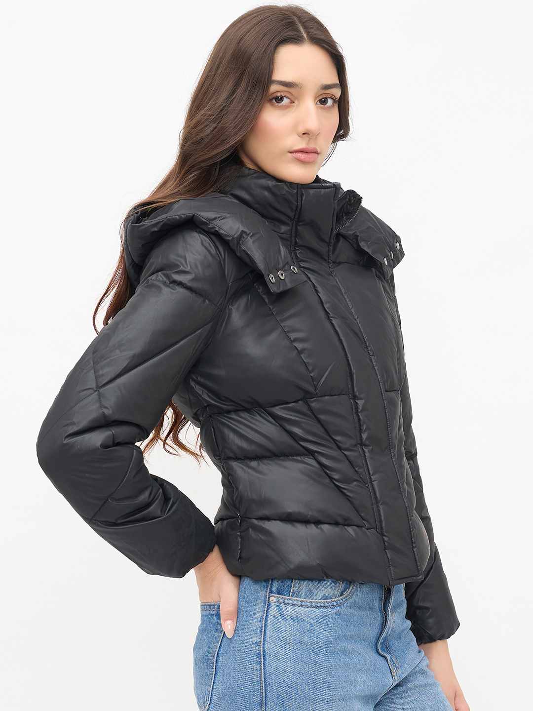 Madame Black Quilted PU Leather Jacket - Image 4