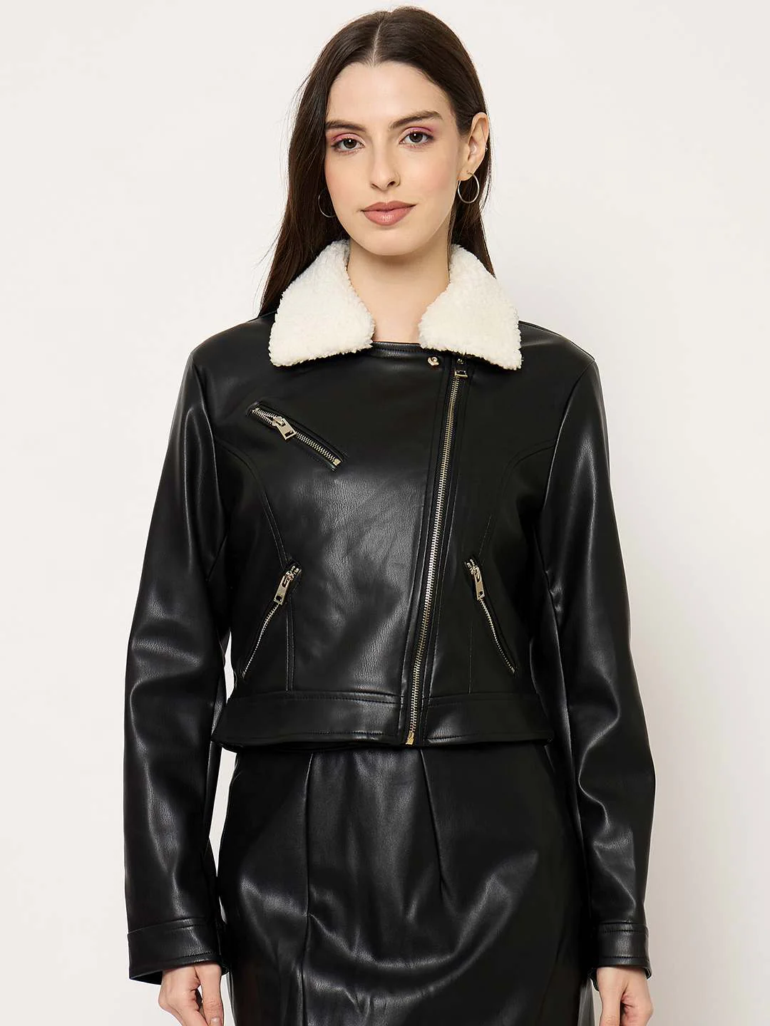 Madame Faux Fur Collar PU Leather Jacket - Image 2