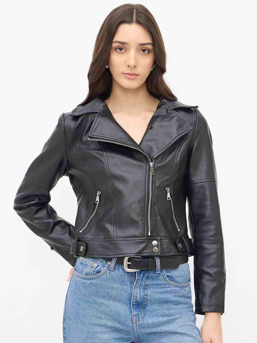 Madame Faux Fur Notch Lapel Collar Black PU Leather Jacket - Image 3