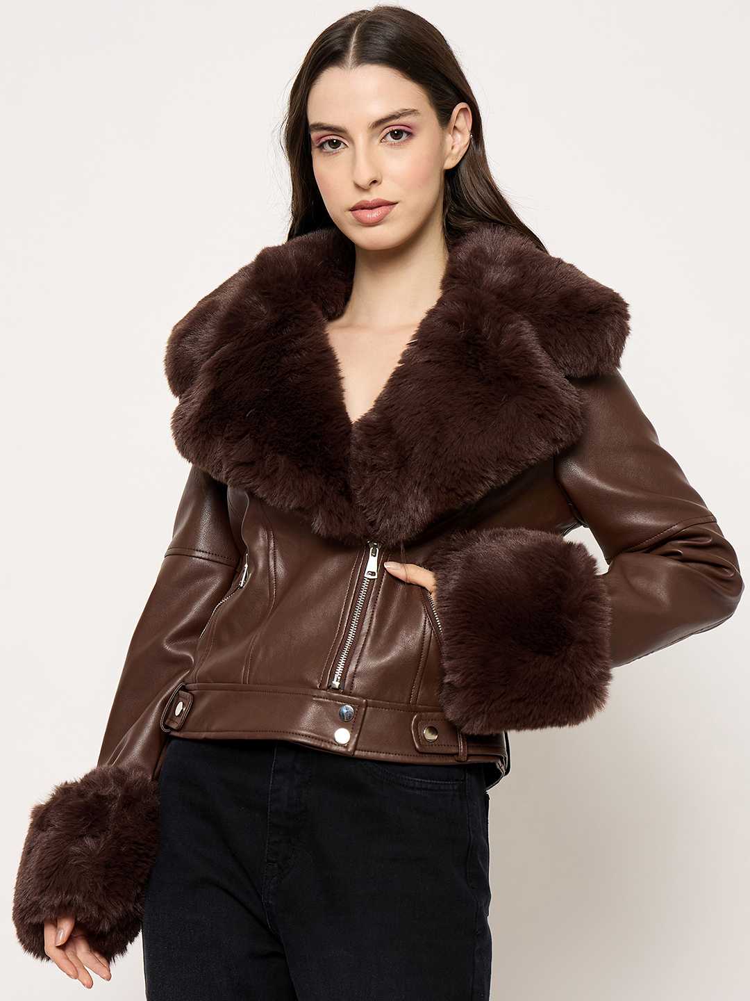Madame Faux Fur Notch Lapel Collar Brown PU Leather Jacket - Image 2