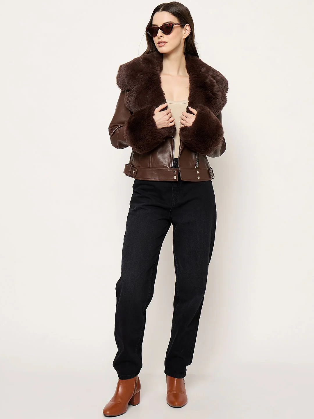 Madame Faux Fur Notch Lapel Collar Brown PU Leather Jacket - Image 3