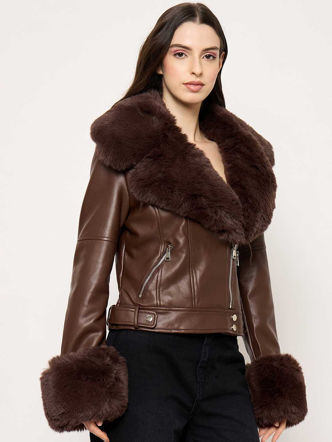 Madame Faux Fur Notch Lapel Collar Brown PU Leather Jacket - Image 4