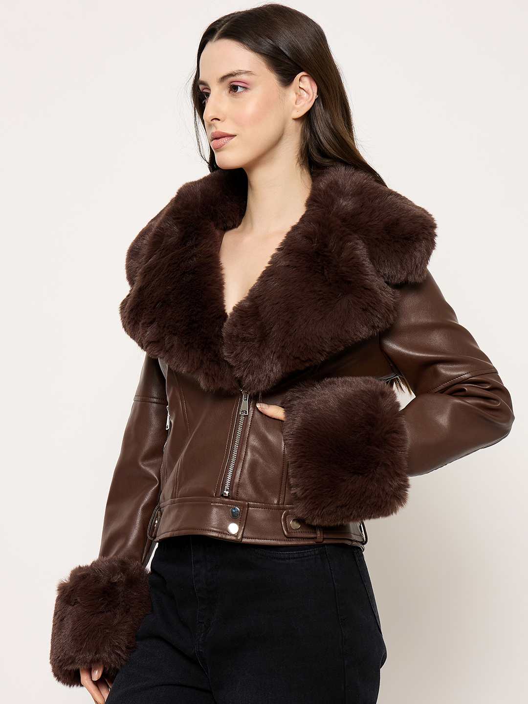 Madame Faux Fur Notch Lapel Collar Brown PU Leather Jacket - Image 5