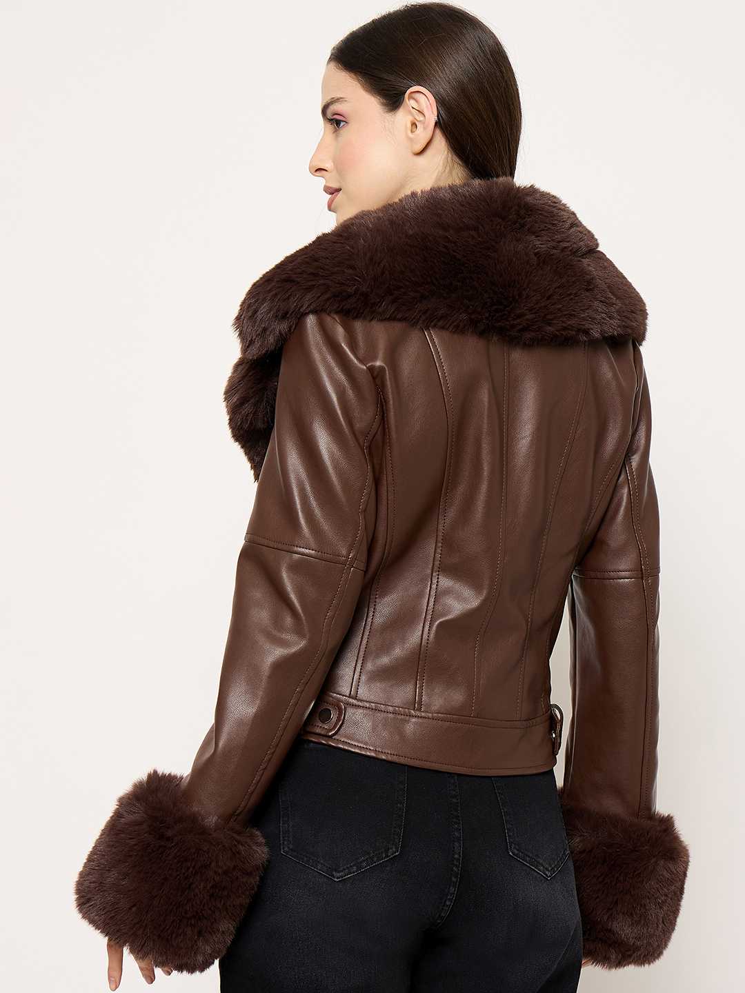 Madame Faux Fur Notch Lapel Collar Brown PU Leather Jacket - Image 6